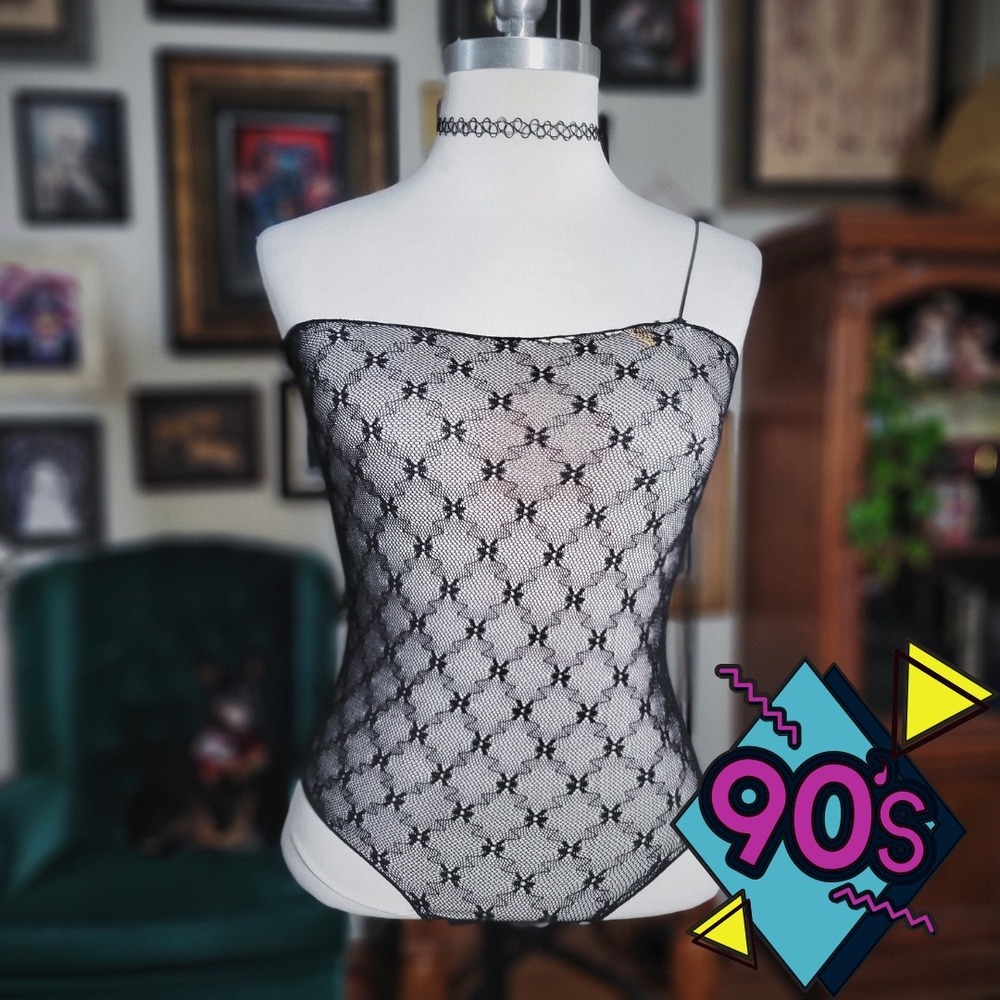 Vintage 90s Black French Lace Stretch Lingerie Bodysuit One Piece Camisole Strap